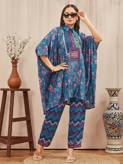 Women's Sky Blue Printed Chanderi Kafftan Syle Co-ord set
