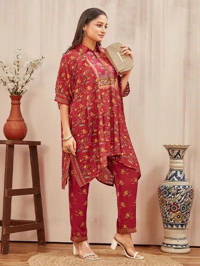 Women's Orange Ethnic Printed Chanderi Kafftan Syle Co-ord set