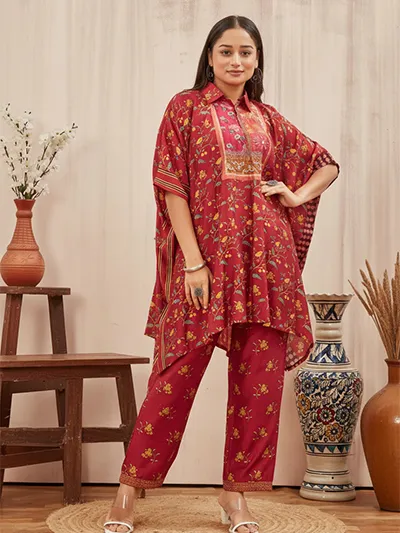 Women's Orange Ethnic Printed Chanderi Kafftan Syle Co-ord set
