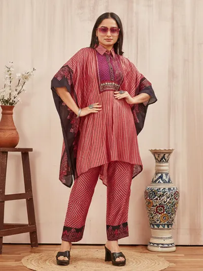 Women's Rani Pink Ethnic Printed Chanderi Kafftan Syle Co-ord set