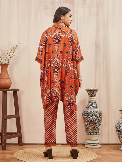 Women's Orange Ethnic Printed Chanderi Kafftan Syle Co-ord set