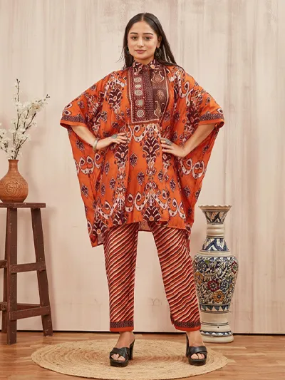 Women's Orange Ethnic Printed Chanderi Kafftan Syle Co-ord set