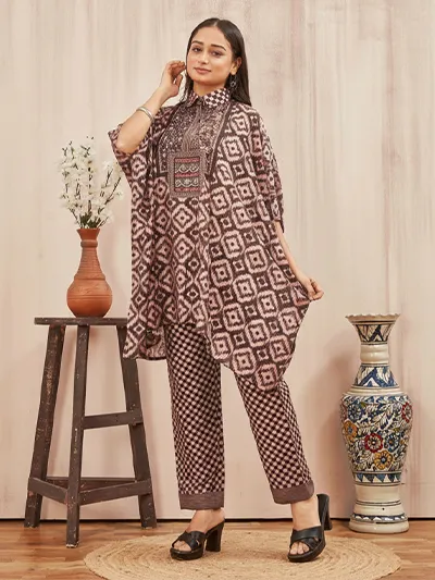 Women's Coffee&Peach Ethnic Printed Chanderi Kafftan Syle Co-ord set