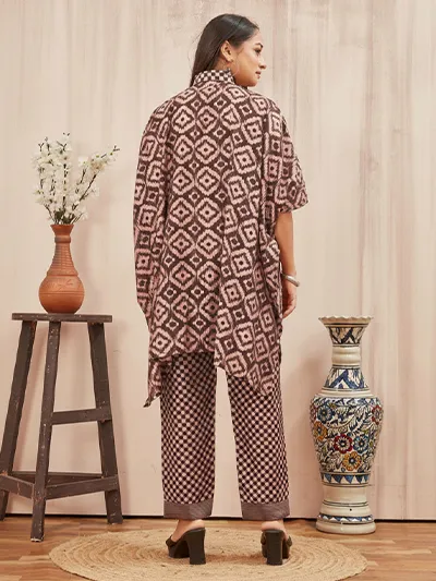 Women's Coffee&Peach Ethnic Printed Chanderi Kafftan Syle Co-ord set