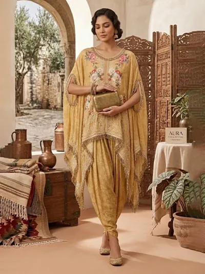 Women's Lemon Yellow Natural Crape Kafftan Fusion Printed  Top & Bottom 