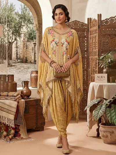 Women's Lemon Yellow Natural Crape Kafftan Fusion Printed  Top & Bottom 