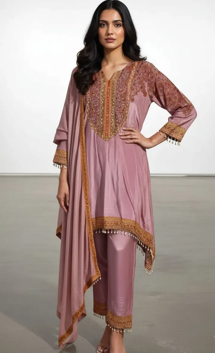 Women's Dusty Rose  Crape A-line Kurta set  Printed  Top & Plazzo Pant with Dupatta