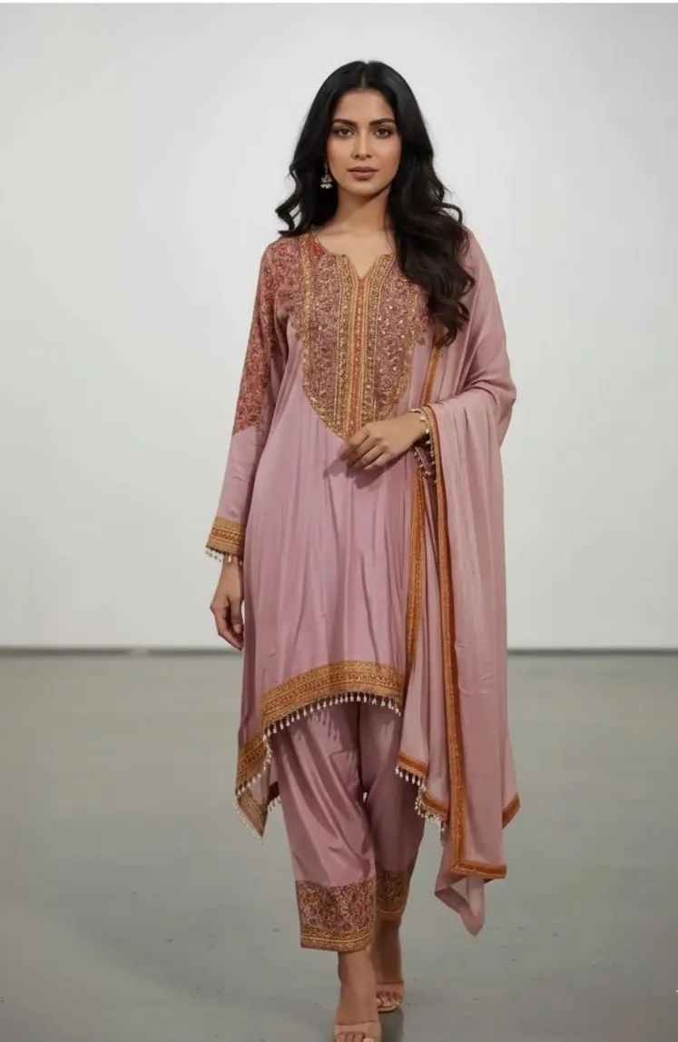 Women's Dusty Rose  Crape A-line Kurta set  Printed  Top & Plazzo Pant with Dupatta