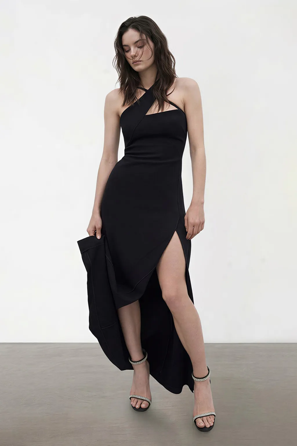 Asymmetric Halter Maxi Gown with High Slit