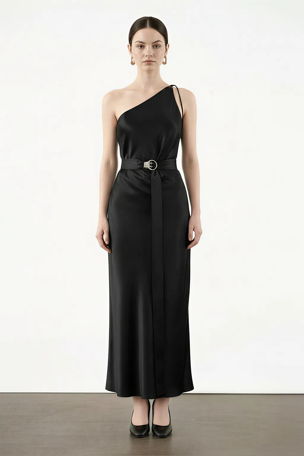 Elegant One-Shoulder Maxi Dress with Belt
