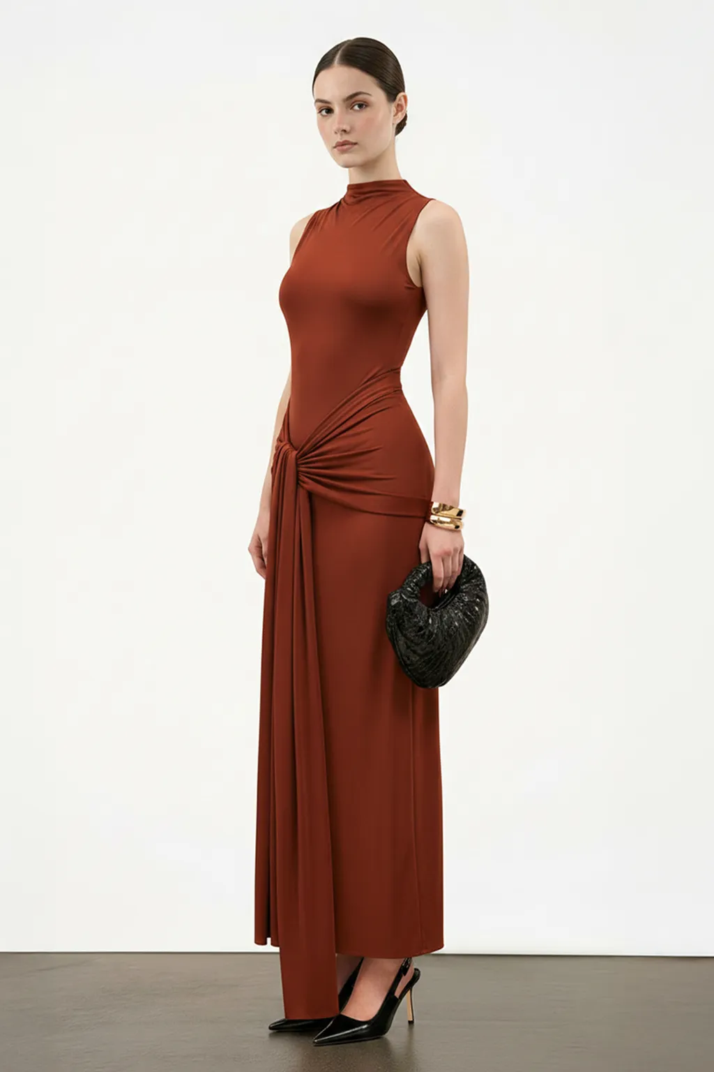 Elegant Draped Knot Detail Maxi Dress