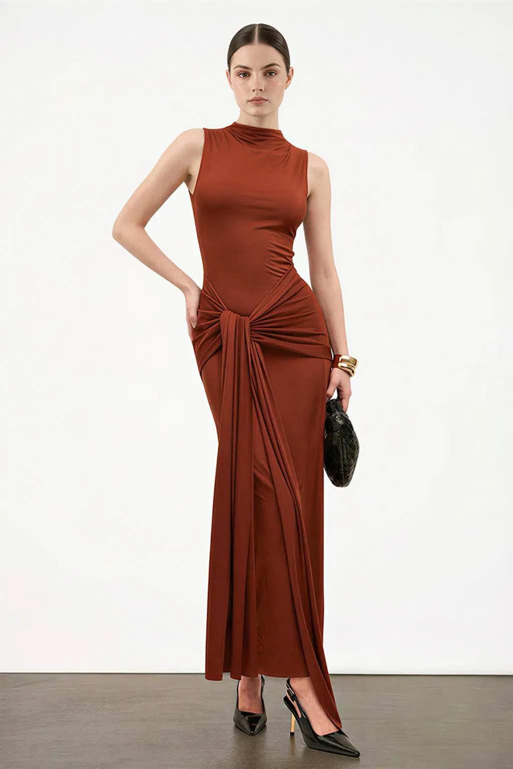 Elegant Draped Knot Detail Maxi Dress