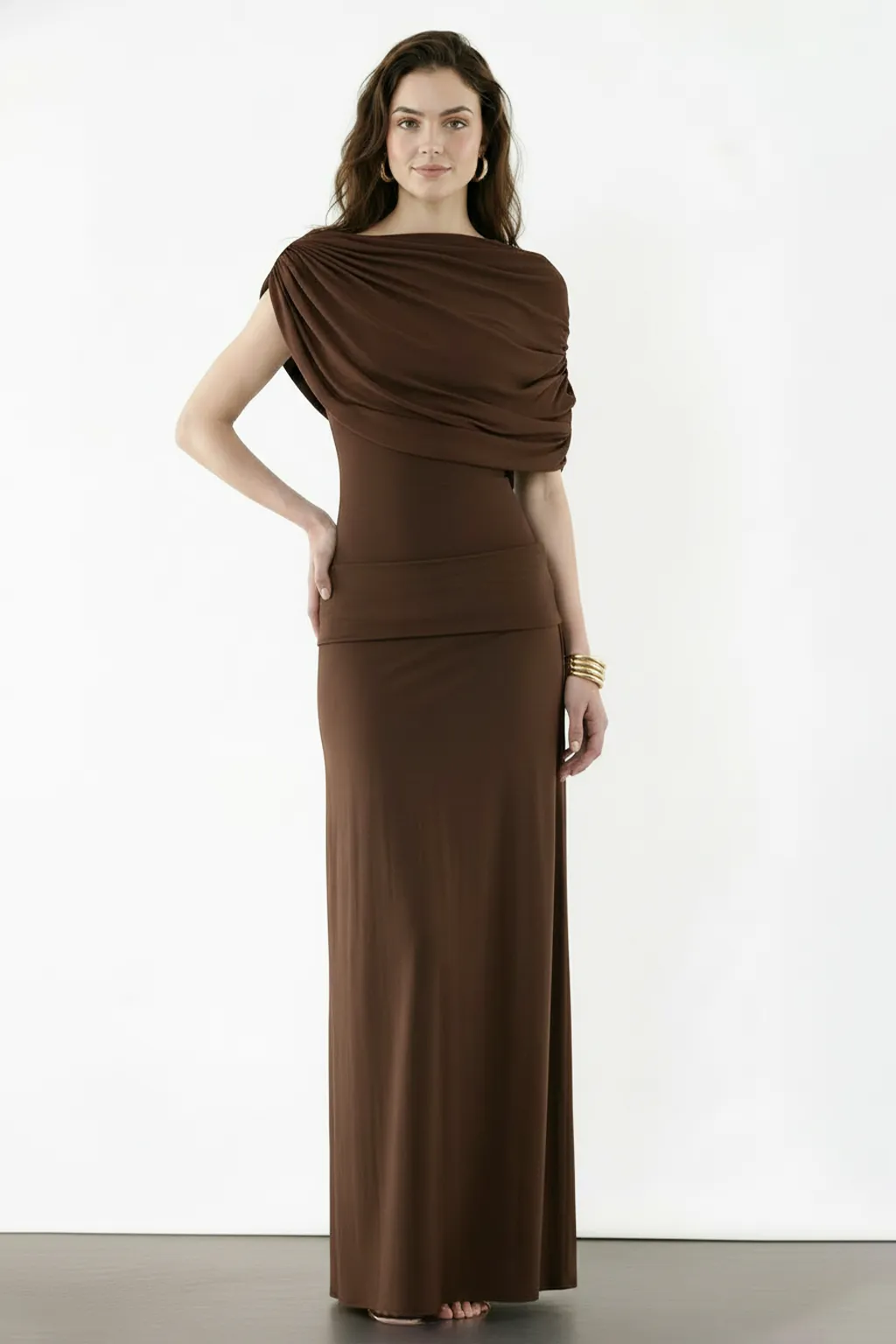 Draped One-Shoulder Evening Gown with Sculpted Waist