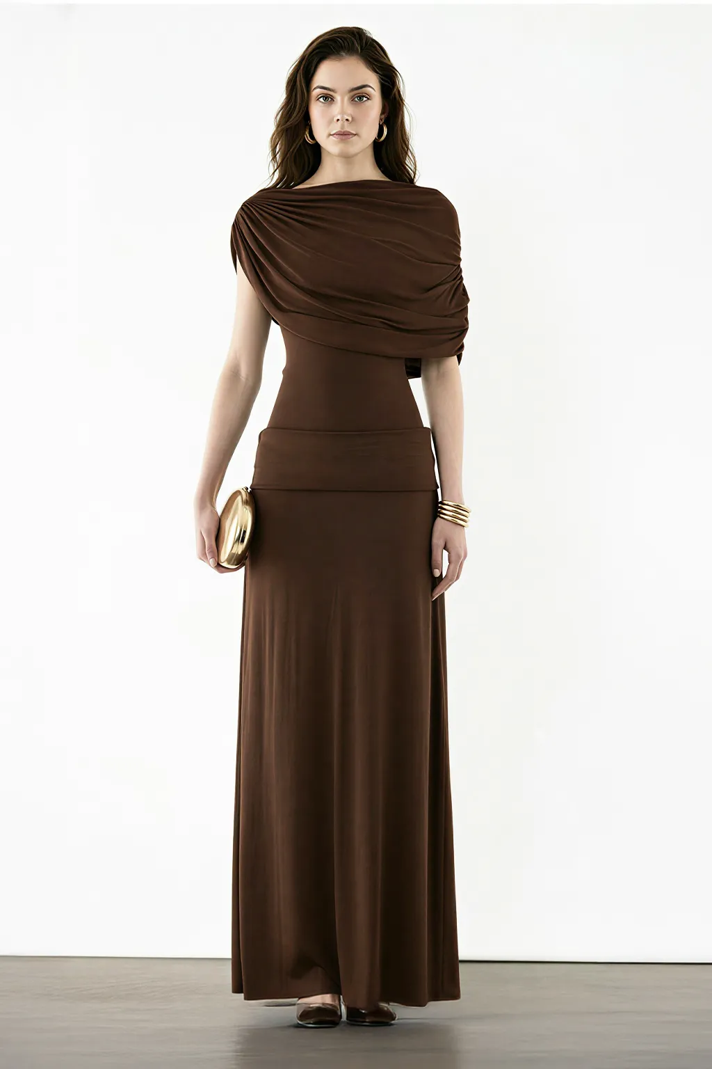 Draped One-Shoulder Evening Gown with Sculpted Waist