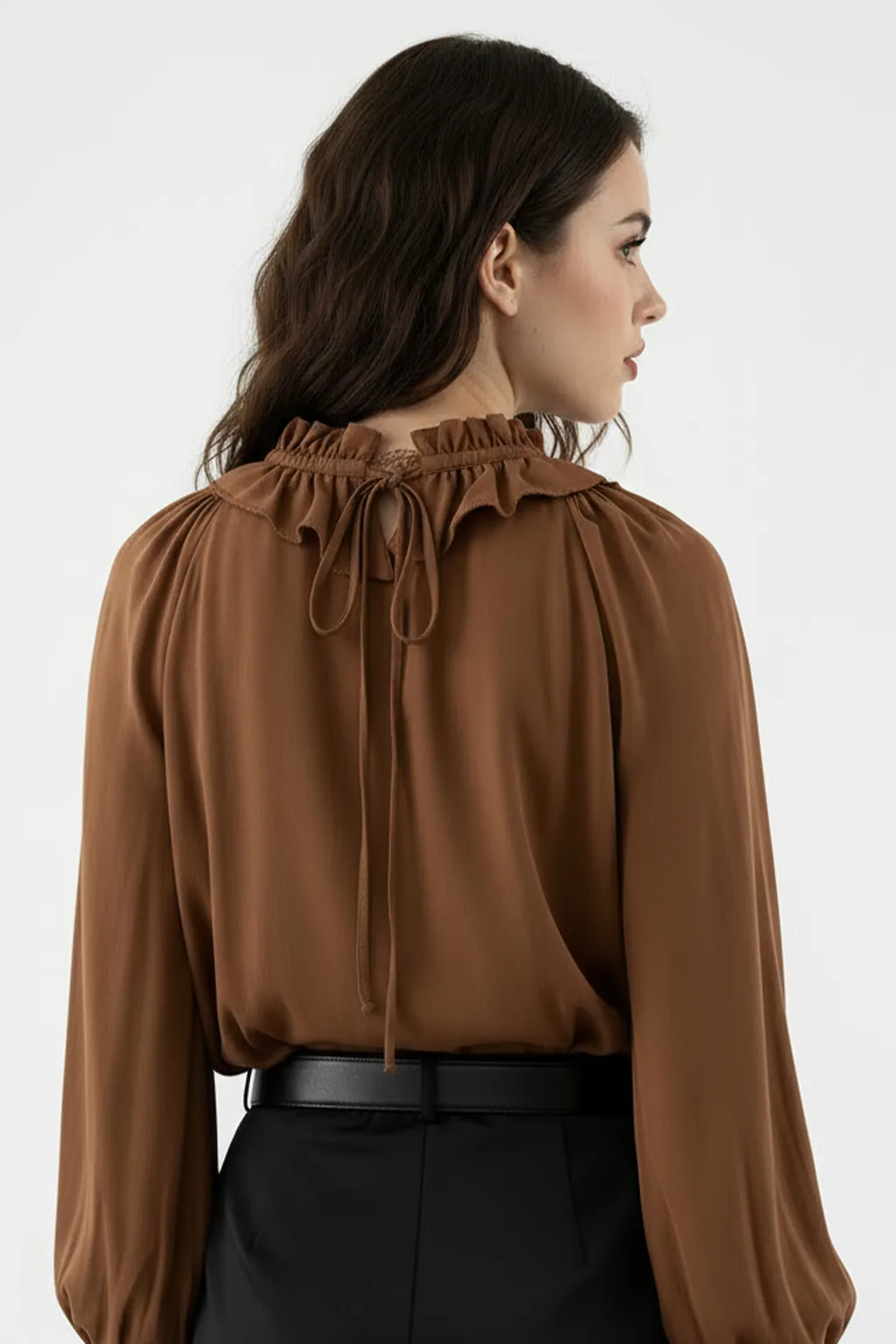 Ruffle Tie-Neck Long Sleeve Top