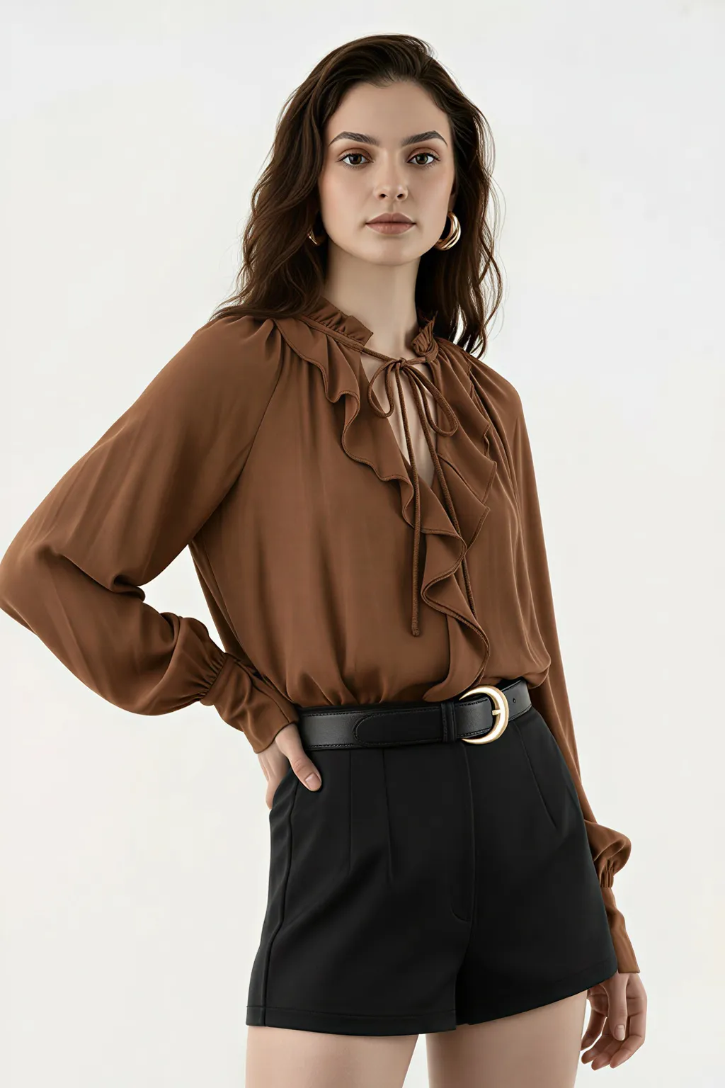 Ruffle Tie-Neck Long Sleeve Top