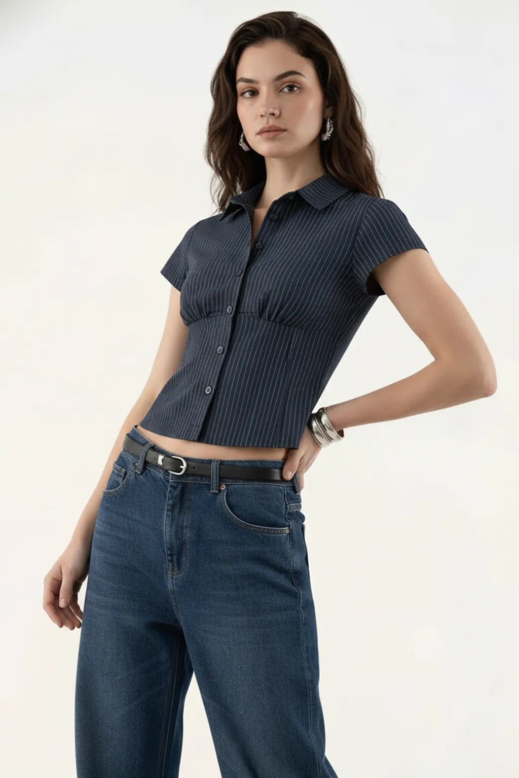 Pinstripe Collared Button-Down Top