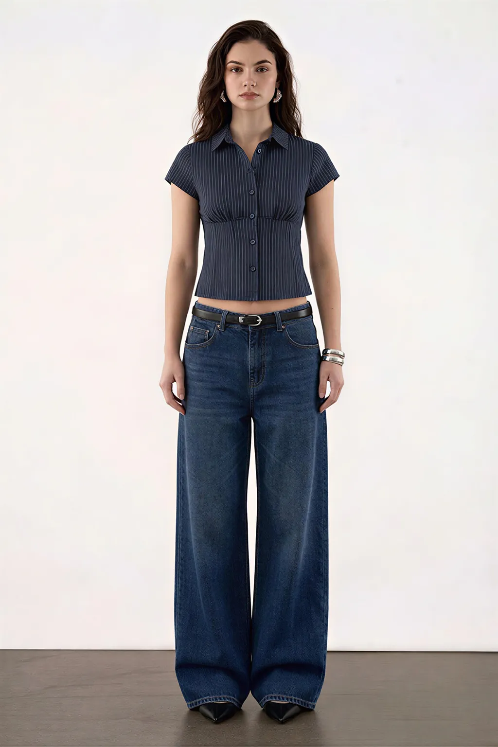 Pinstripe Collared Button-Down Top