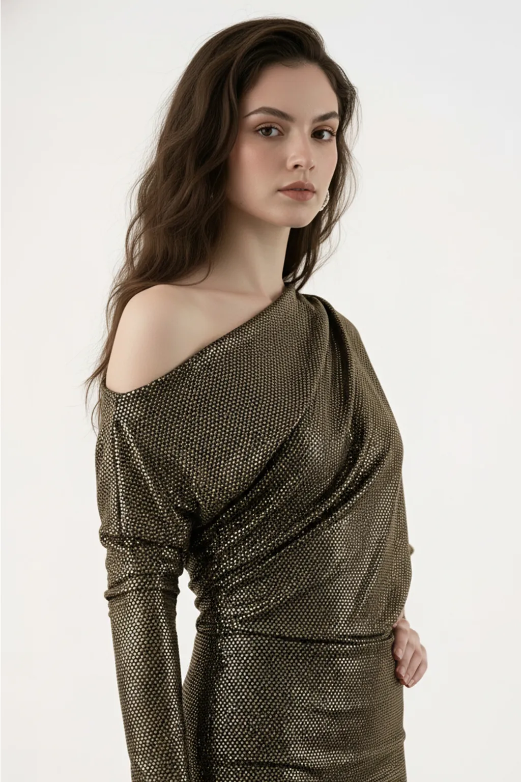 Metallic One-Shoulder Drape Dress