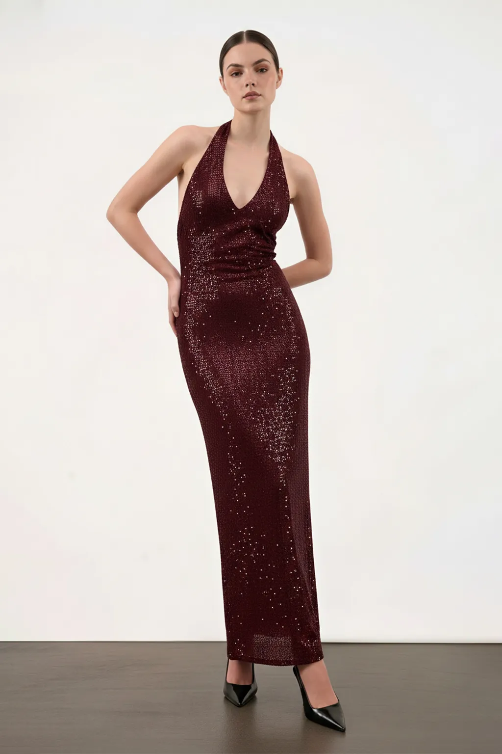Burgundy Halter Sequin Maxi Dress
