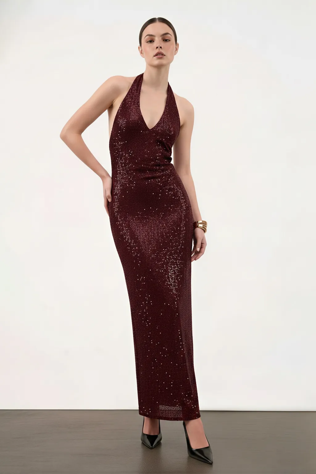 Burgundy Halter Sequin Maxi Dress