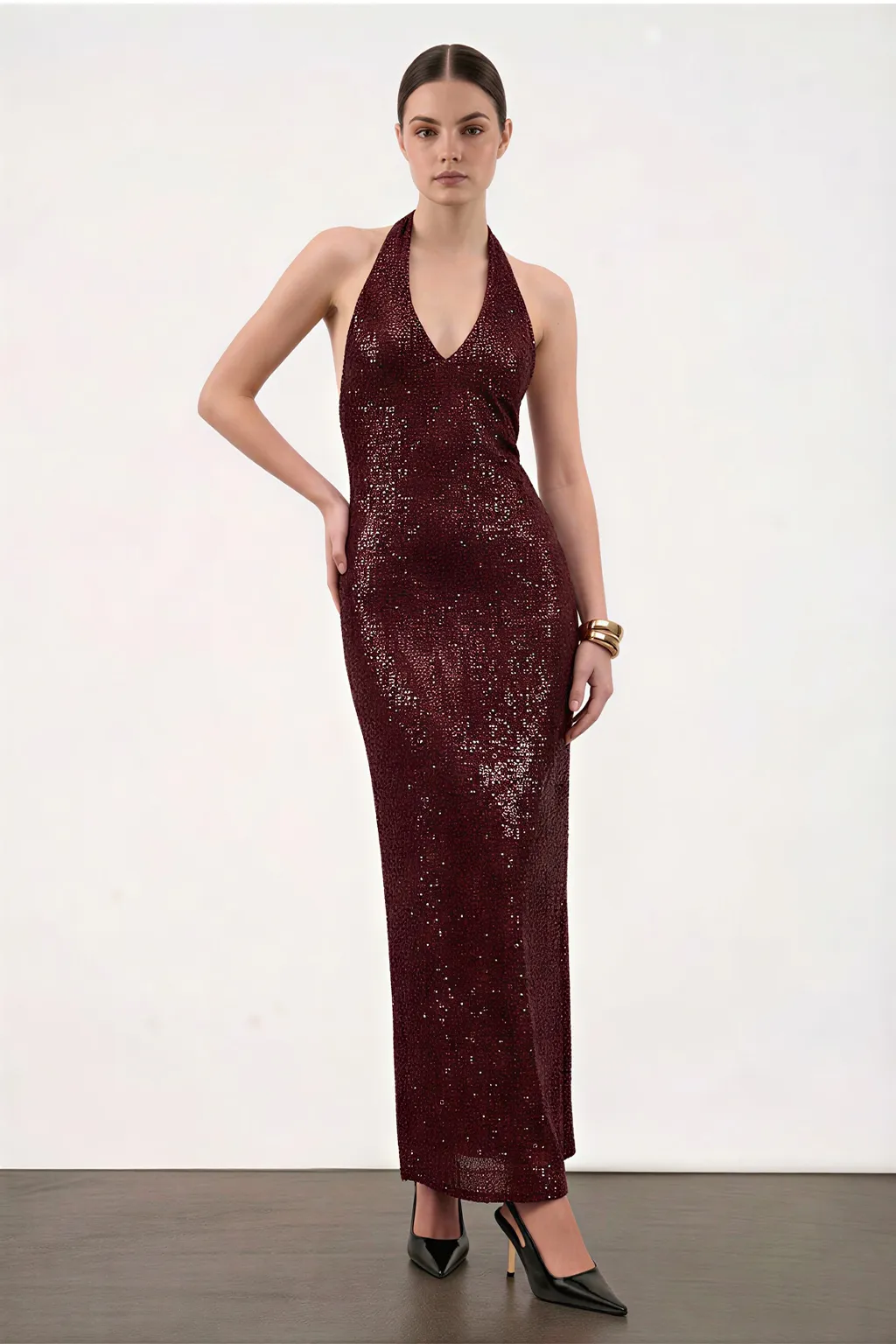 Burgundy Halter Sequin Maxi Dress