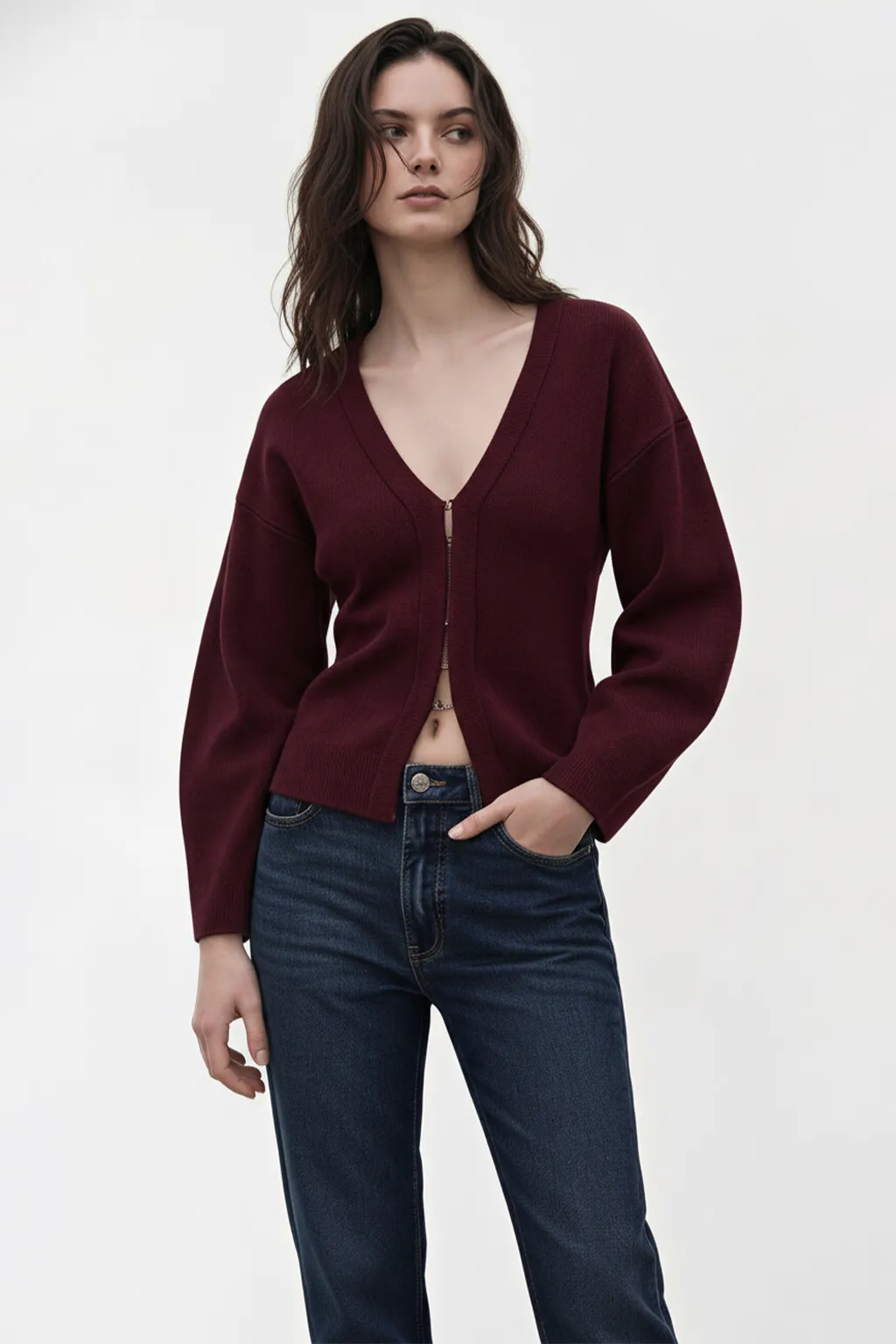 Maroon Zip-Up Knit Cardigan