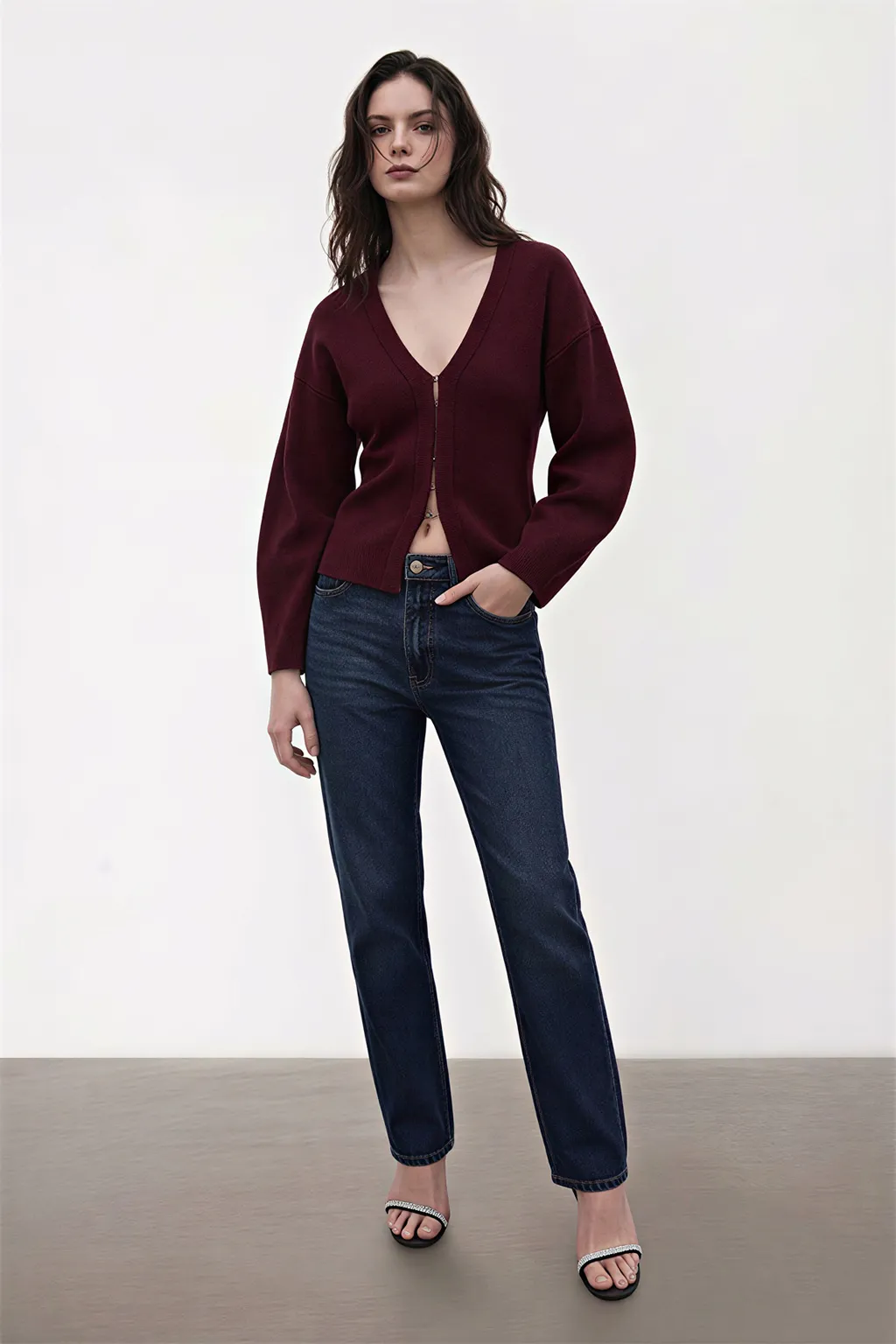 Maroon Zip-Up Knit Cardigan
