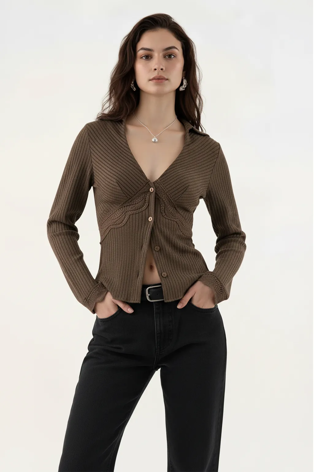 Brown Ribbed Lace Detail Cardigan
