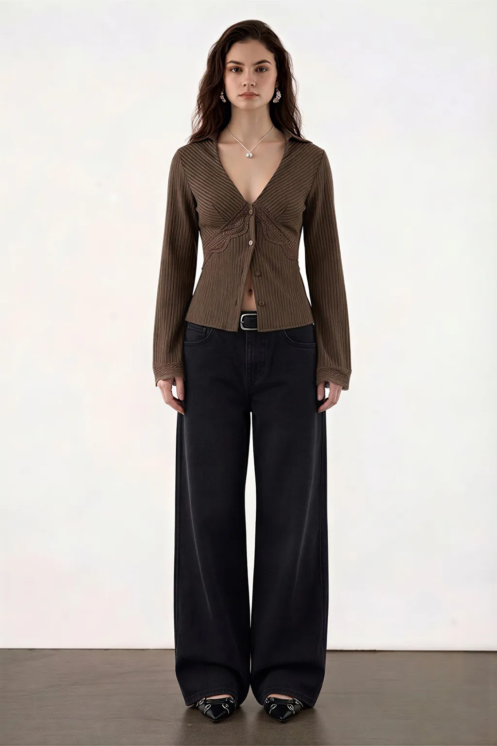 Brown Ribbed Lace Detail Cardigan