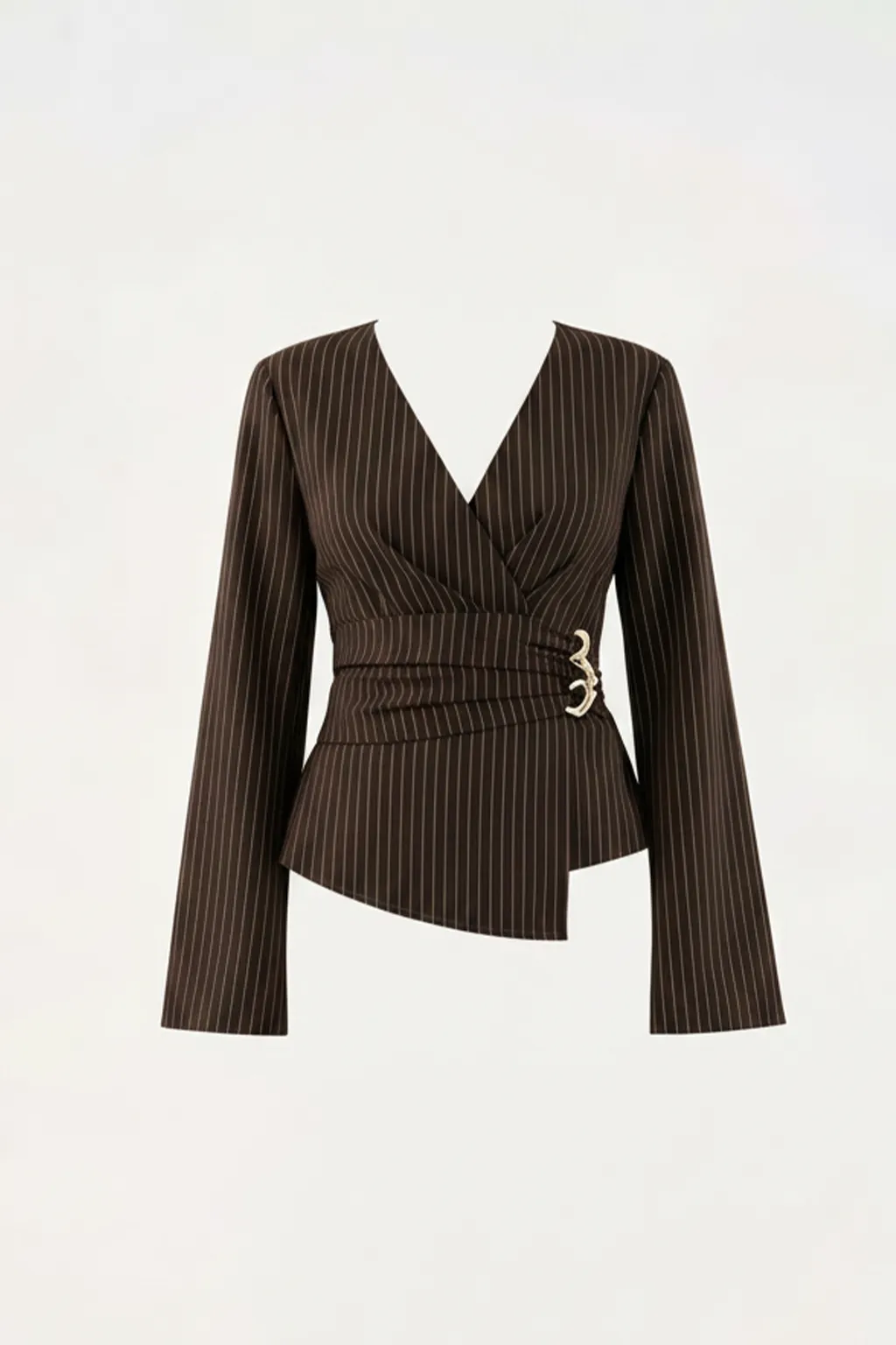 Brown Pinstripe Wrap Top