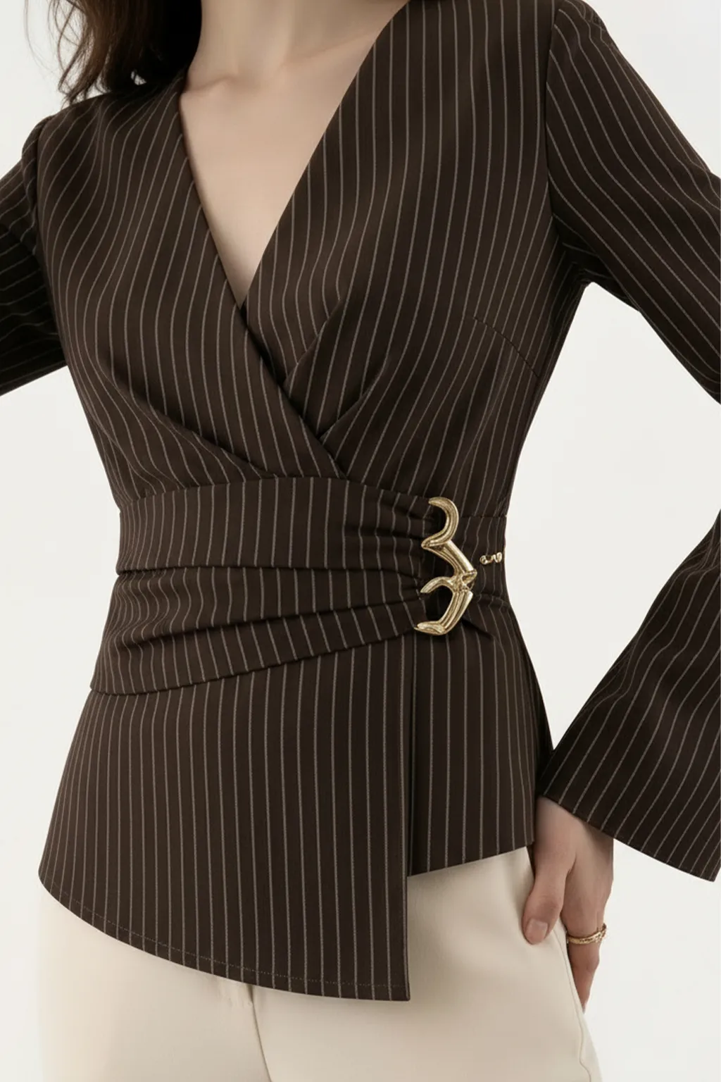 Brown Pinstripe Wrap Top
