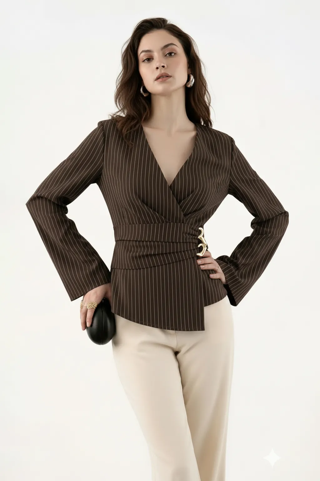Brown Pinstripe Wrap Top