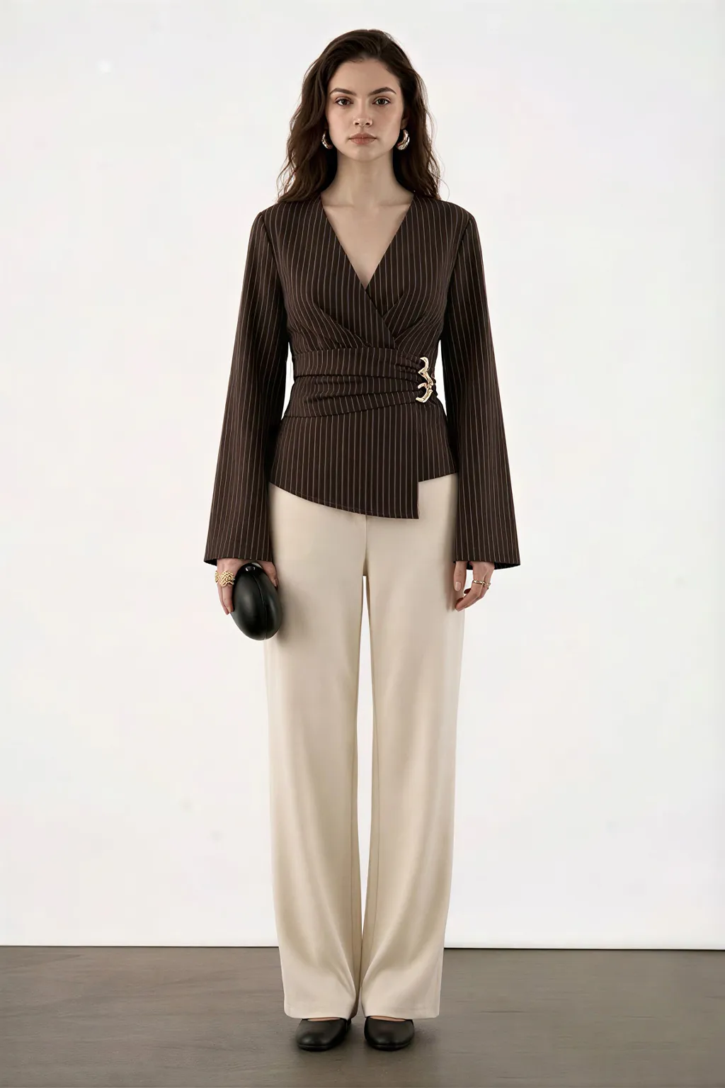 Brown Pinstripe Wrap Top