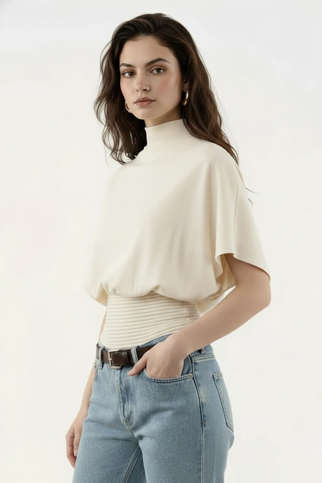 Beige High-Neck Knit Top