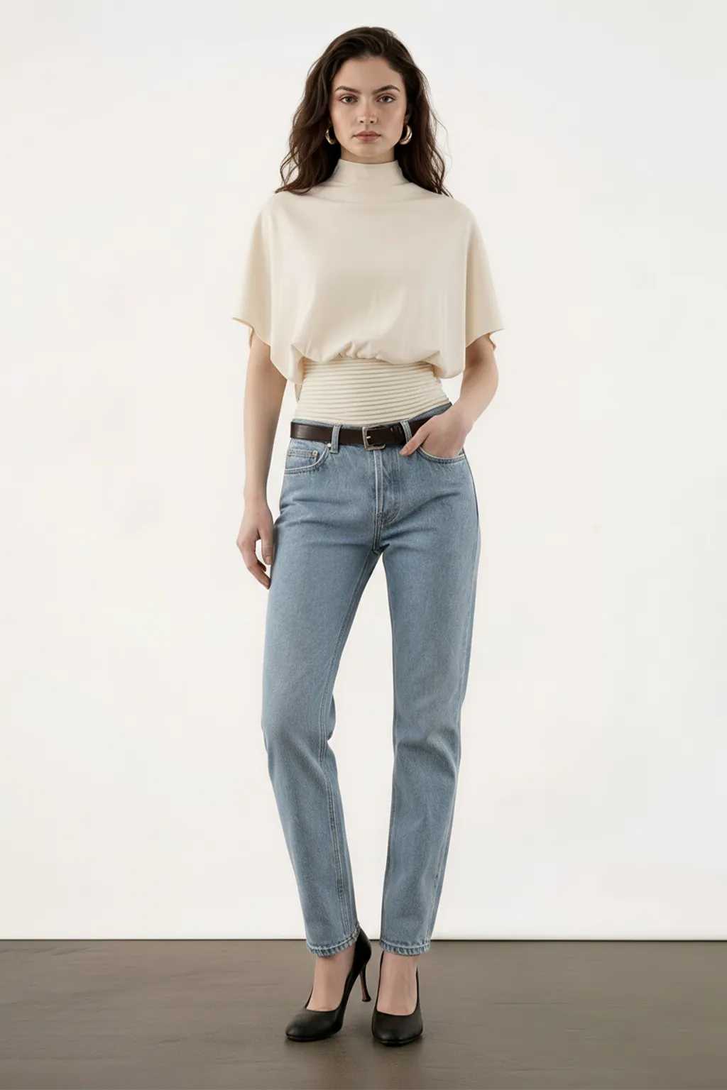 Beige High-Neck Knit Top