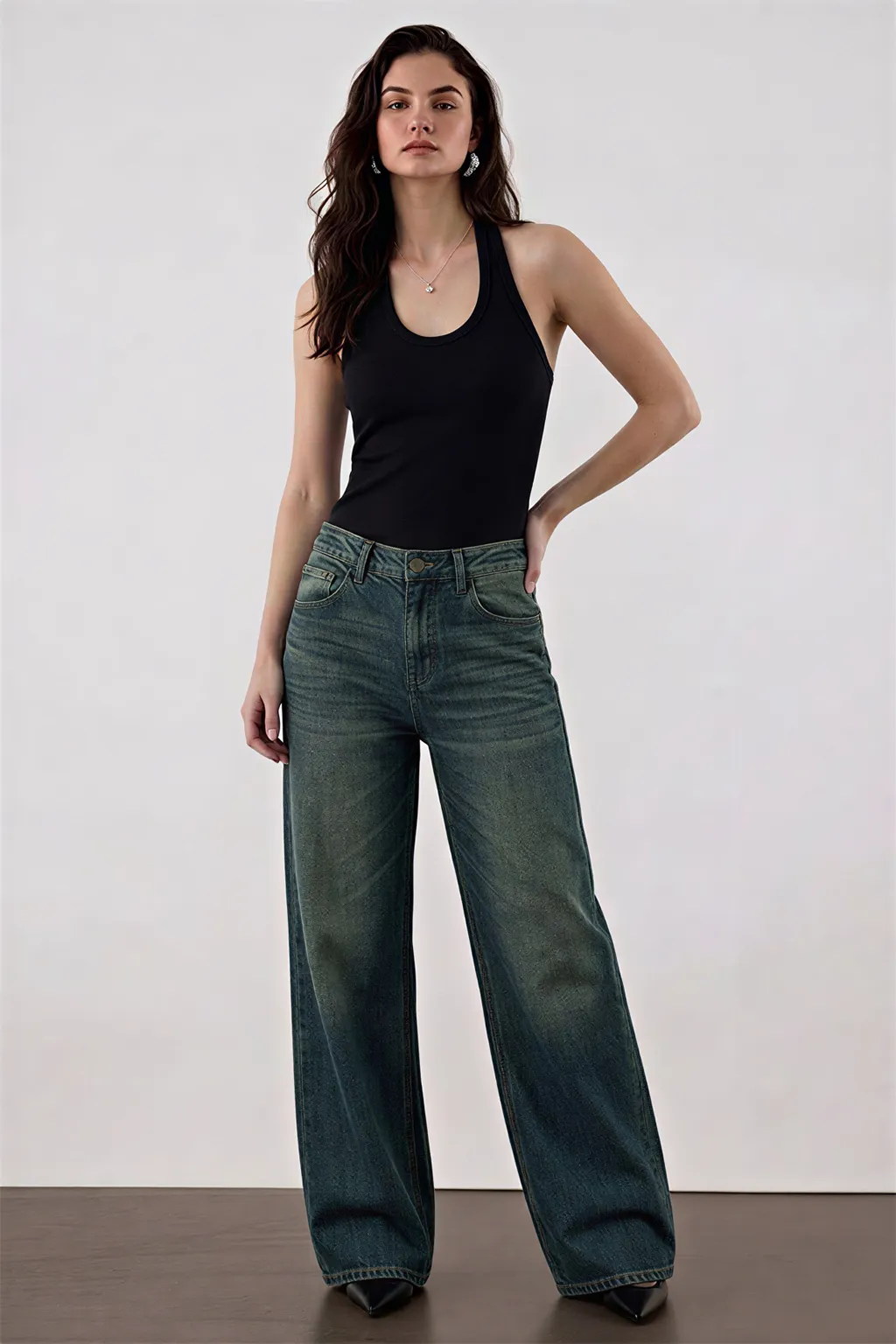 Wide-Leg Washed Denim Jeans