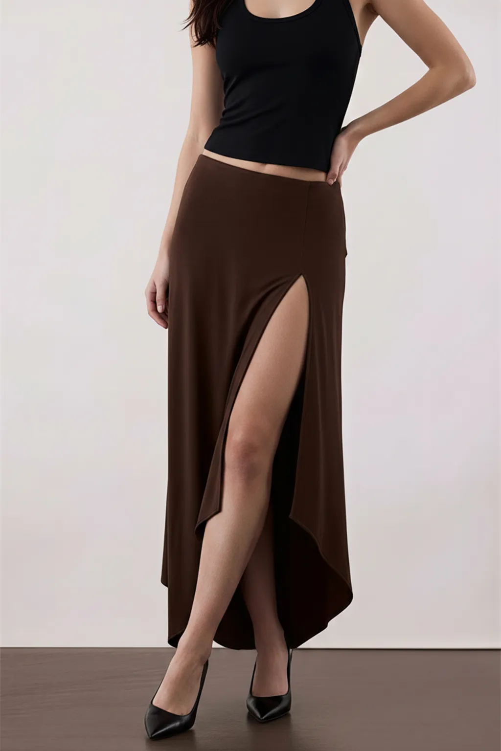 Brown High-Slit Midi Skirt