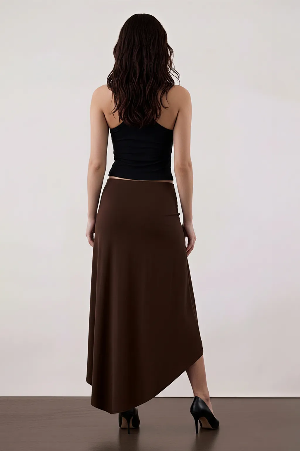 Brown High-Slit Midi Skirt