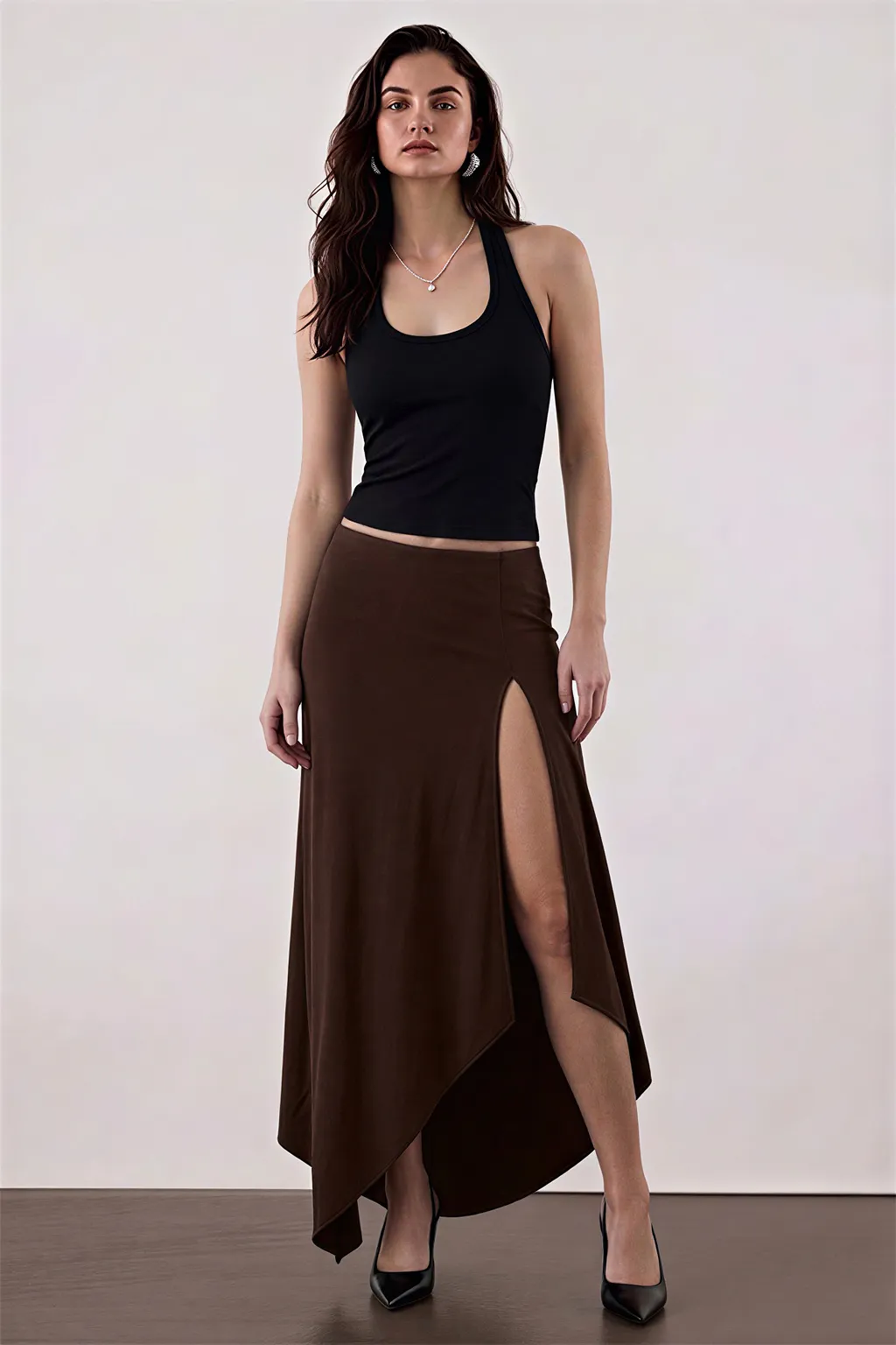 Brown High-Slit Midi Skirt