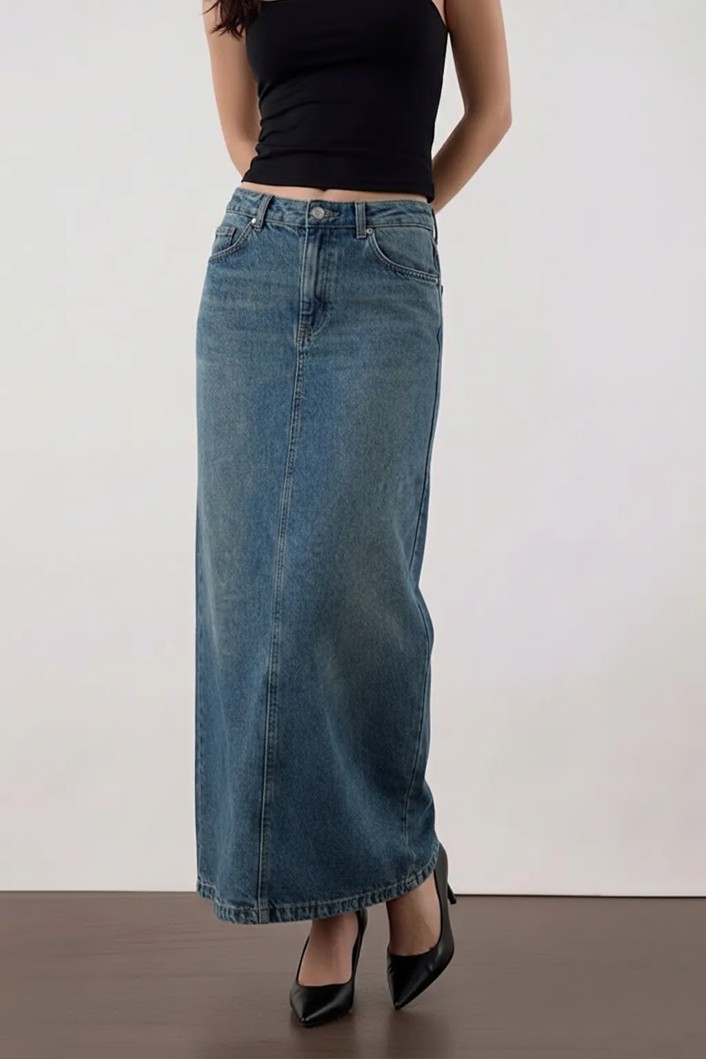 Blue Denim Straight Midi Skirt