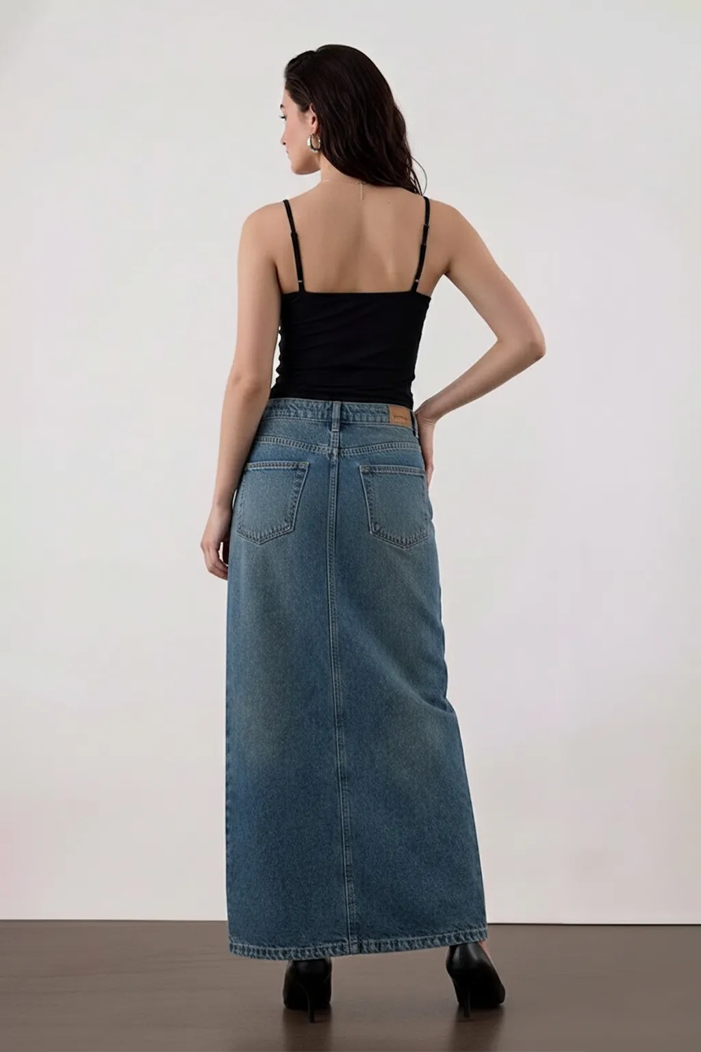 Blue Denim Straight Midi Skirt