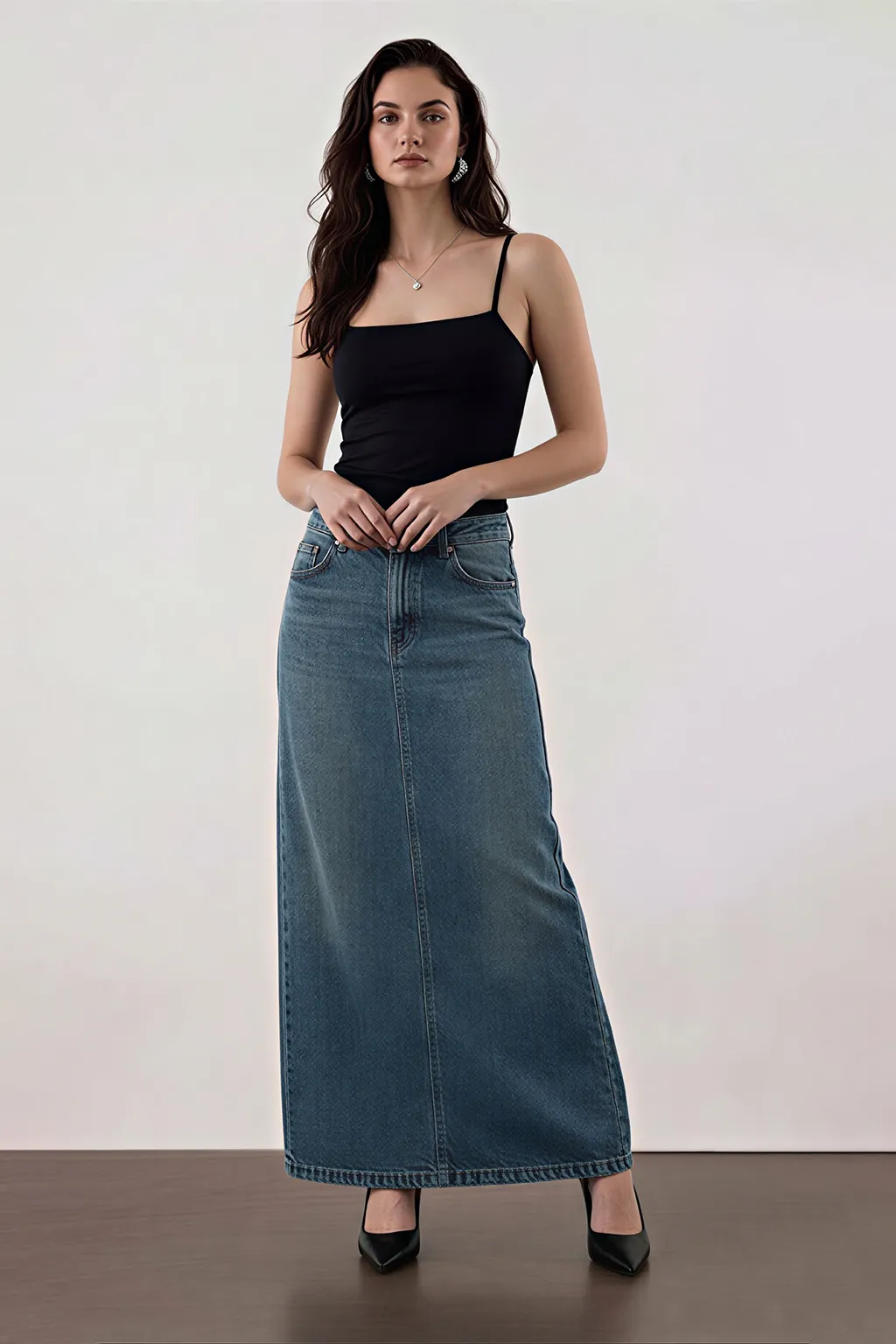 Blue Denim Straight Midi Skirt