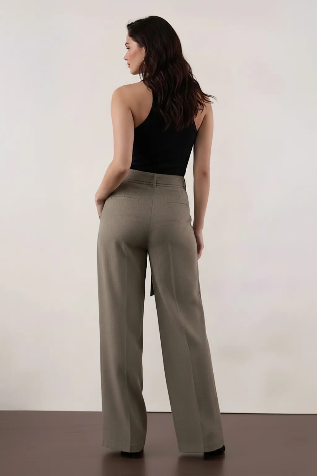 Olive Tie-Waist Wide-Leg Trousers