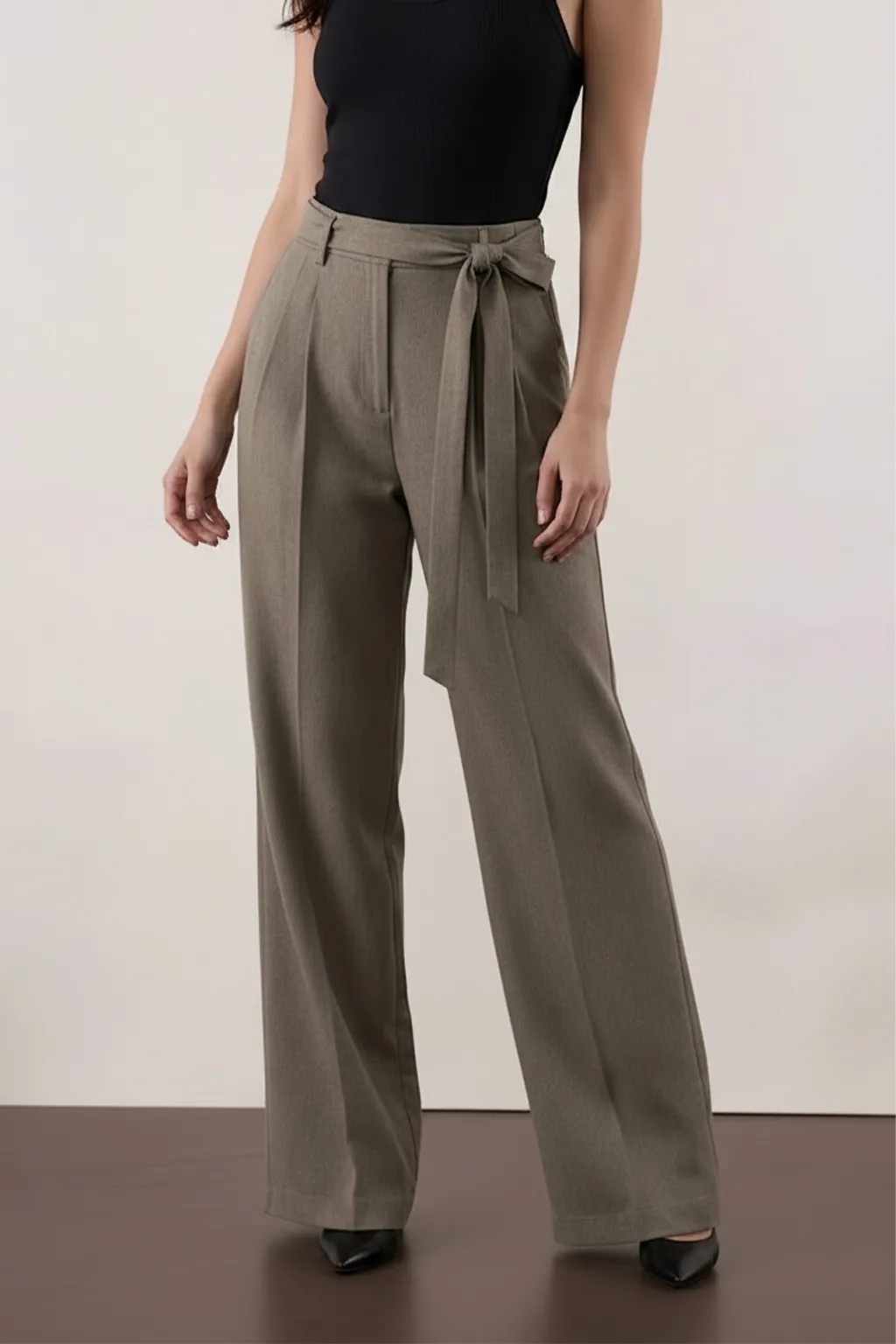 Olive Tie-Waist Wide-Leg Trousers