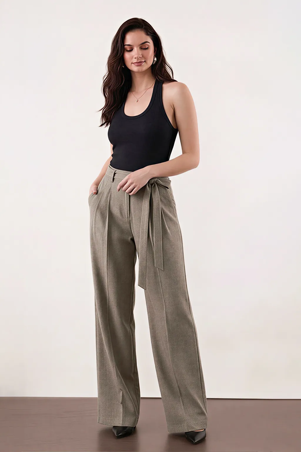 Olive Tie-Waist Wide-Leg Trousers