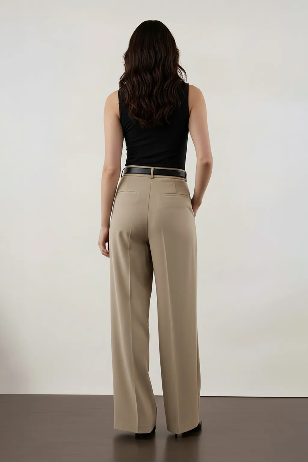 Beige Pleated Wide-Leg Trousers