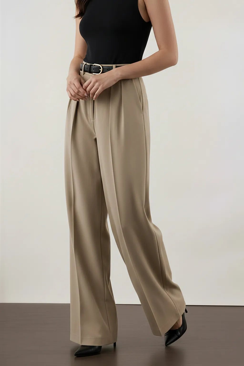 Beige Pleated Wide-Leg Trousers