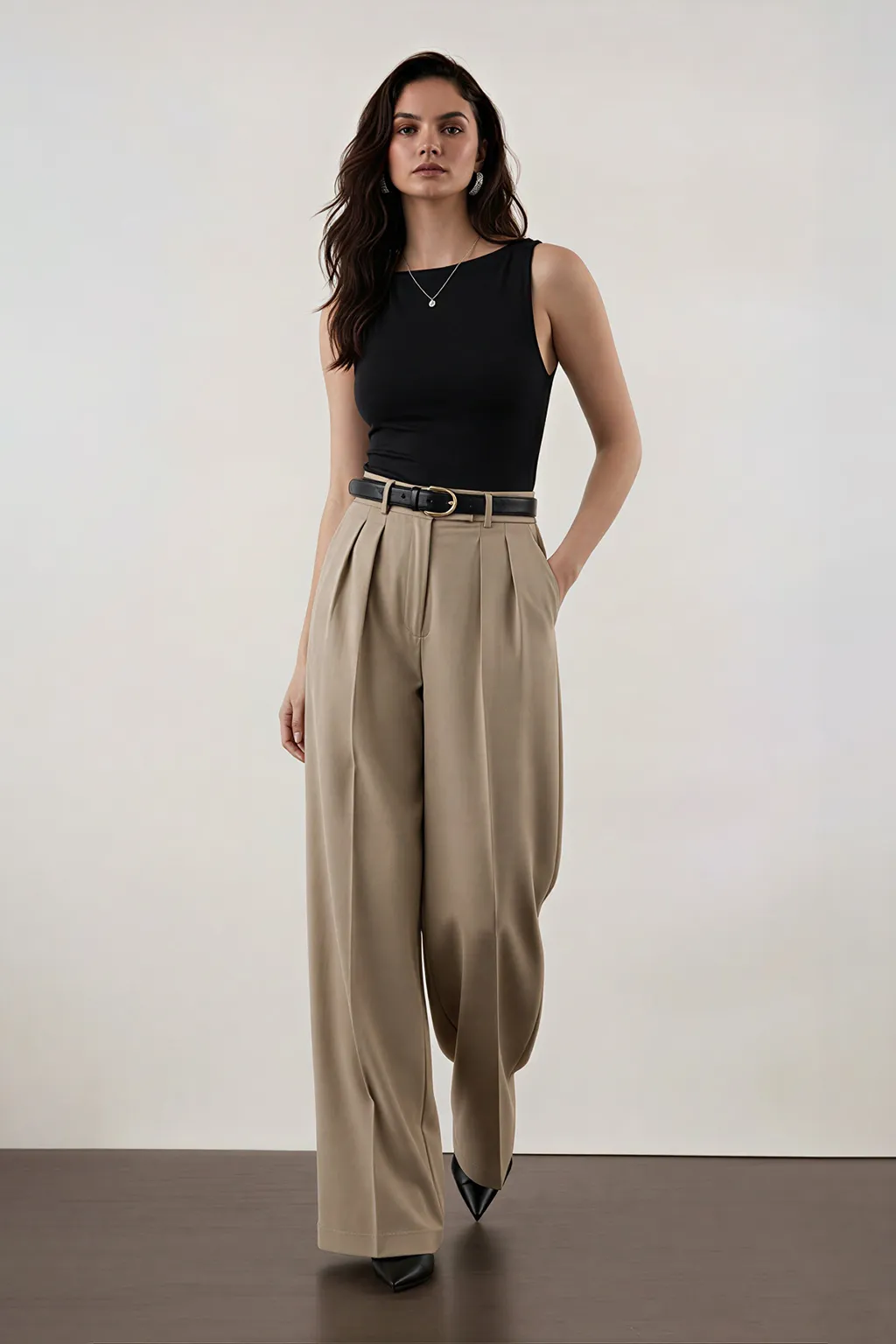 Beige Pleated Wide-Leg Trousers