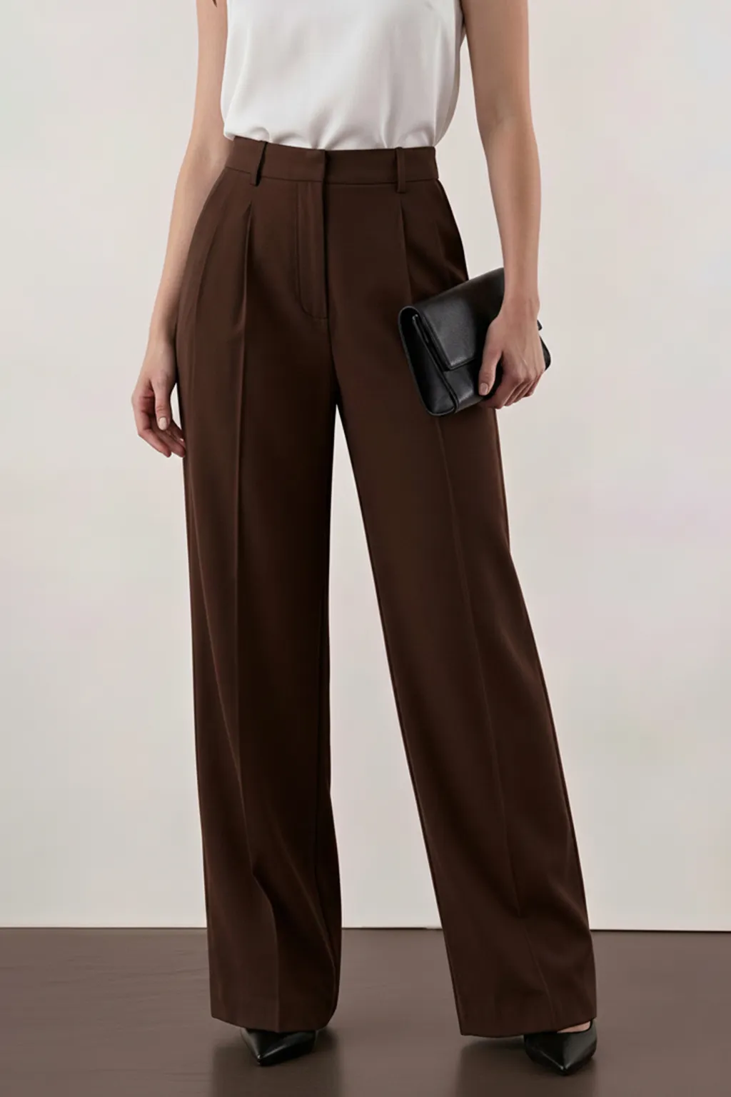 Brown Tailored Wide-Leg Trousers